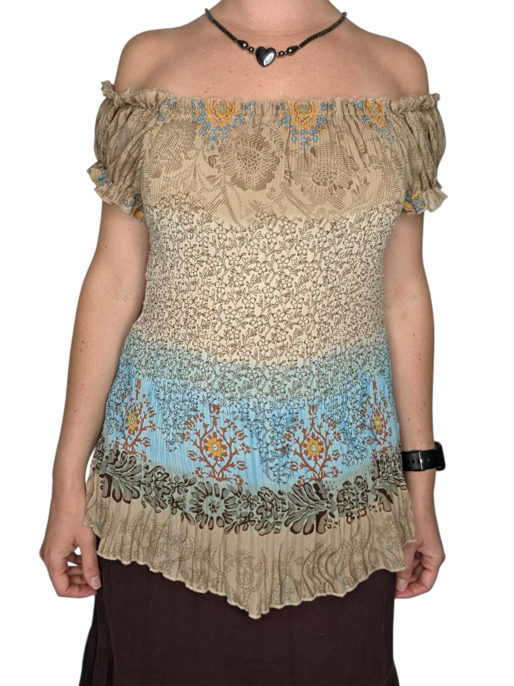 Y2K Jaipur Beige and Light Blue Off-Shoulder Milkmaid Fairy Floral Tunic Top Med
